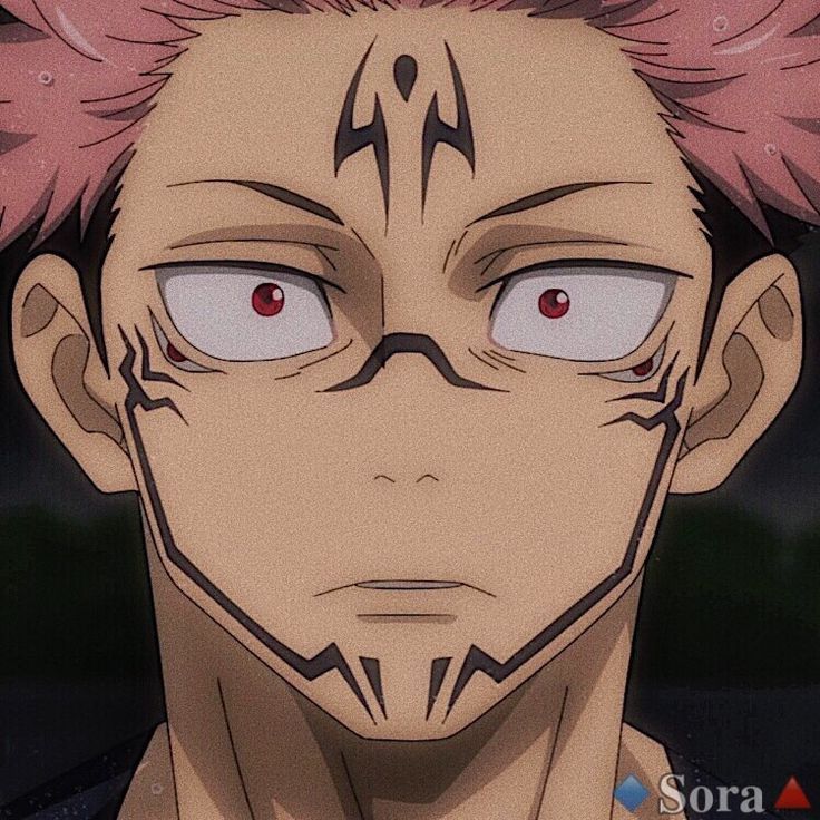 an anime character with pink hair and red eyes looks at the camera while staring into the distance