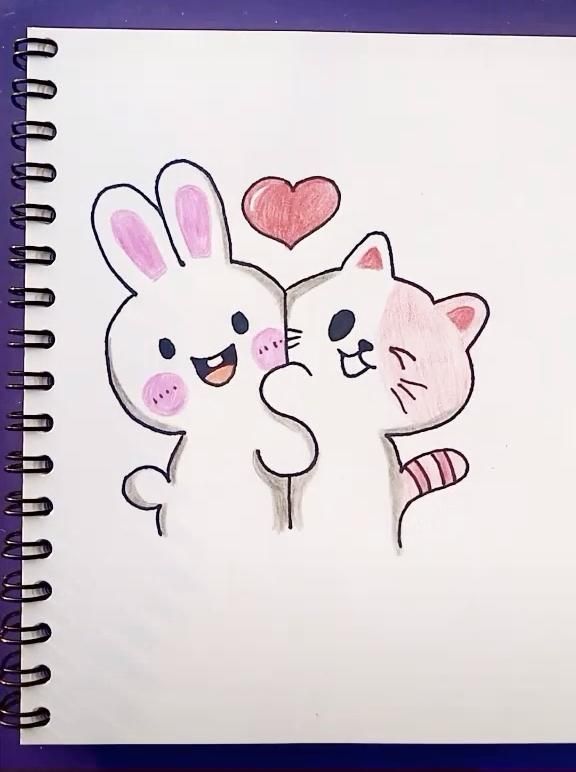 a drawing of two cats and a bunny hugging each other with a heart in the background