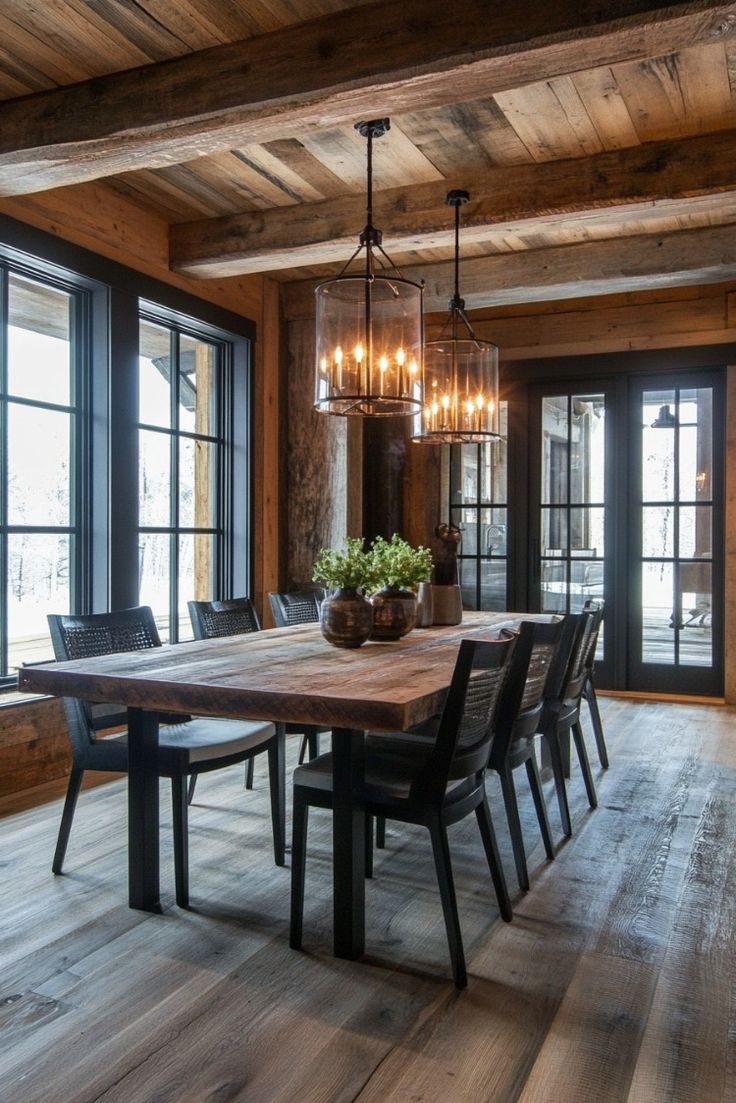 a dining room table with chairs and lights hanging from the ceiling