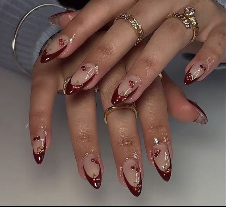 Cherry Jewel Nails, Oval Nails Valentines Day, Recipes With Dry Red Wine, Sparkly French Tip Pedicure, Creative Almond Nails Art Designs, Valentines Cherry Nails, Cherry Red Nails With Design, Croquette Nails Red, Ruby Nails Design