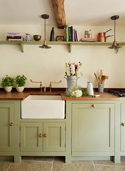 a kitchen with green cabinets and wooden counter tops is shown in this image, there are plants on the shelves above the sink