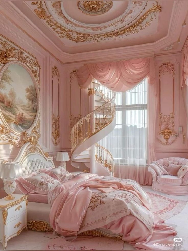 a bedroom decorated in pink and gold with a spiral staircase