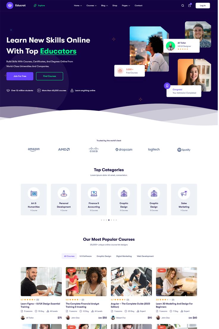 the landing page for an online learning platform