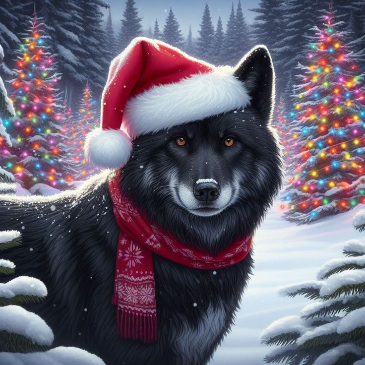 a black dog wearing a santa hat and scarf in the snow with christmas lights behind it