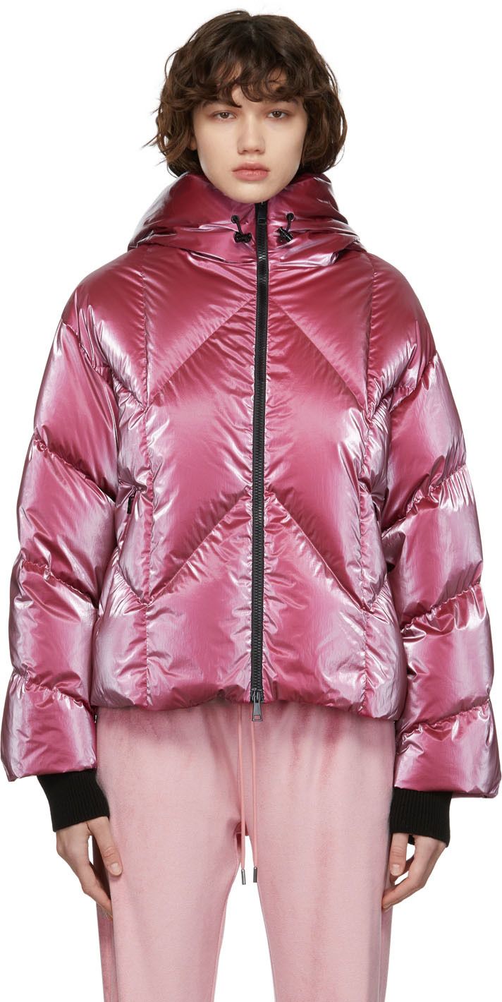 Long sleeve down-filled quilted nylon satin jacket in pink. Supplier color: Pink Fill: 90% goose down, 10% feathers. | Moncler Pink Down Chevron Frele Jacket Pink Quilted Nylon Puffer Jacket, Luxury Nylon Puffer Jacket, Luxury Pink Puffer Jacket With Padded Collar, Luxury Pink Puffer Outerwear, Satin Jacket, Black Down, Luxury Nylon Puffer Jacket With Double-lined Hood, Satin Jackets, Padded Coat