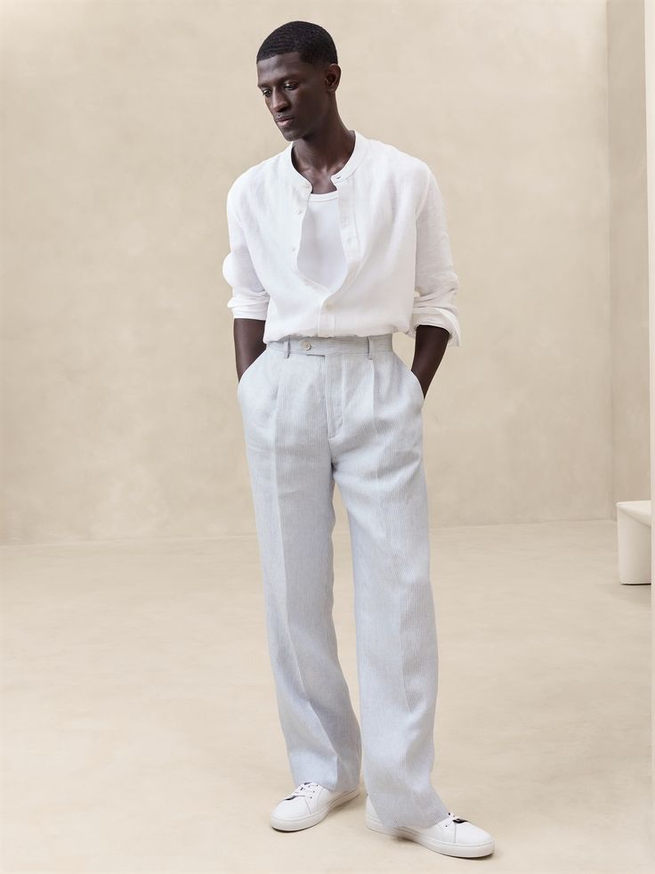 Blue Linen Pants Outfit Men, Full White Outfit Men, Linen Pants Outfit Men, Blue Linen Pants Outfit, Linen Outfit Men, White Outfit Casual, Flowy Linen Pants, Linen Pants Men, White Linen Outfit