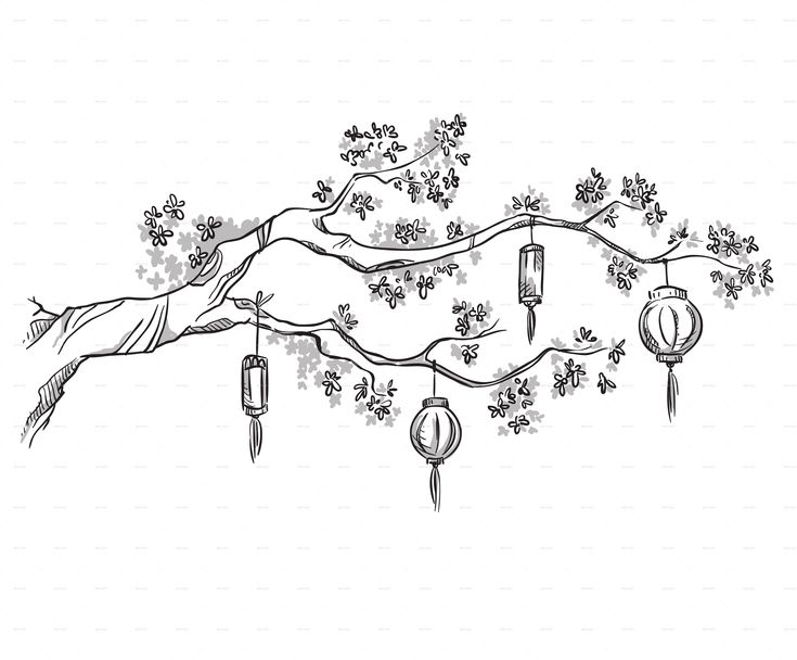 a drawing of a branch with lanterns hanging from it