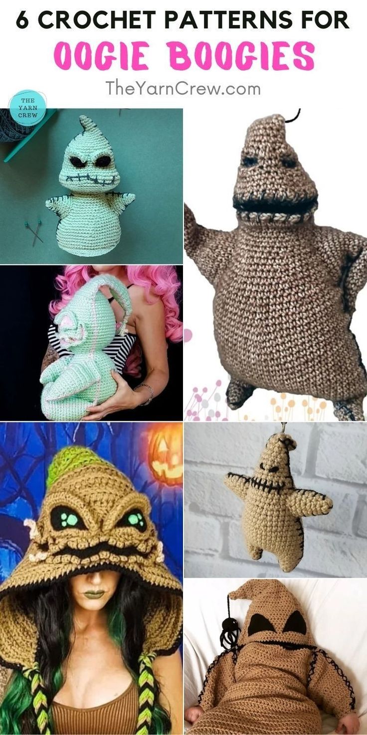 crochet patterns for halloween costumes and hats with text overlay that reads, 6 crochet patterns for oogie boozies