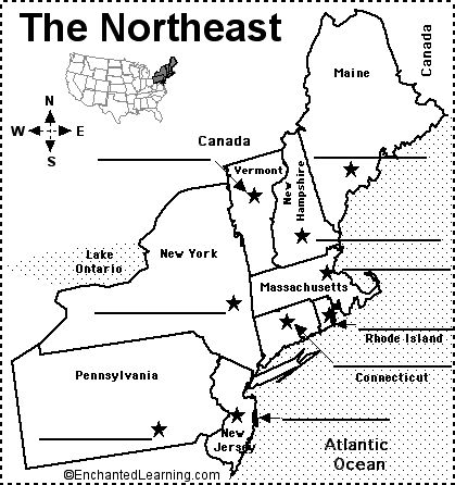 the north map with states labeled in black and white