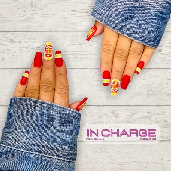 Yellow And Red Nails, Kansas City Chiefs Nails, Kc Chiefs Nails, Red And Yellow Nails, Kc Nails, Chiefs Nails, Nails Football, Yellow Gel Polish, Super Bowl Nails