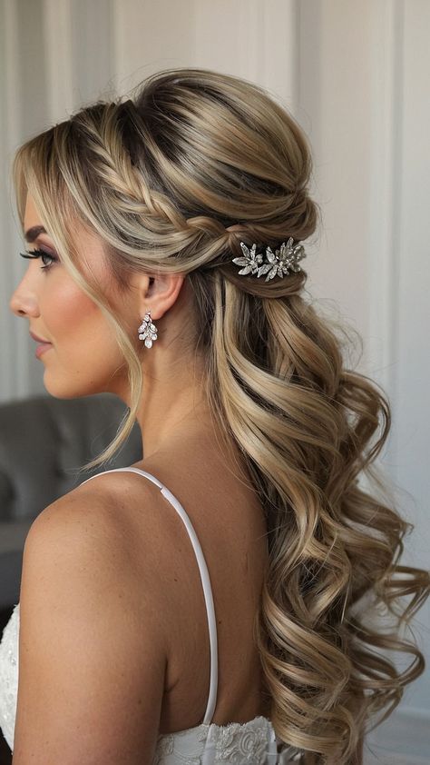 a woman with long blonde hair wearing a wedding hairstyle