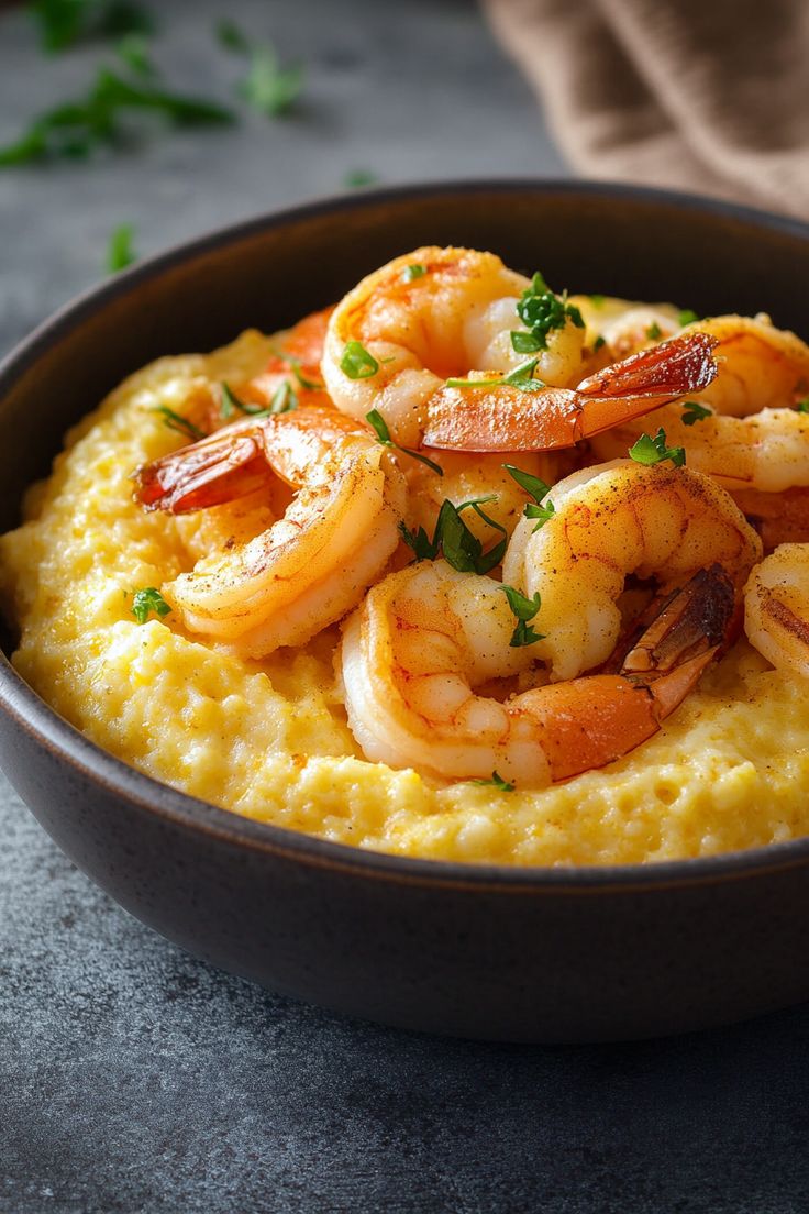 a bowl filled with shrimp and grits on top of a table