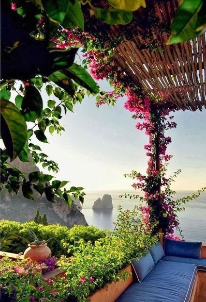 an outdoor area with flowers and greenery on the wall, along with color swatches