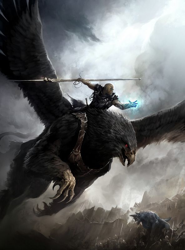 a man riding on the back of a large bird next to a giant bird with wings