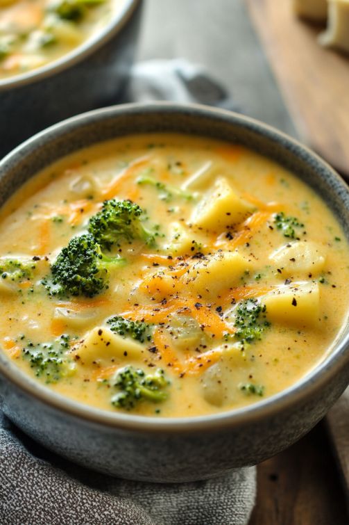 two bowls filled with broccoli and cheese soup