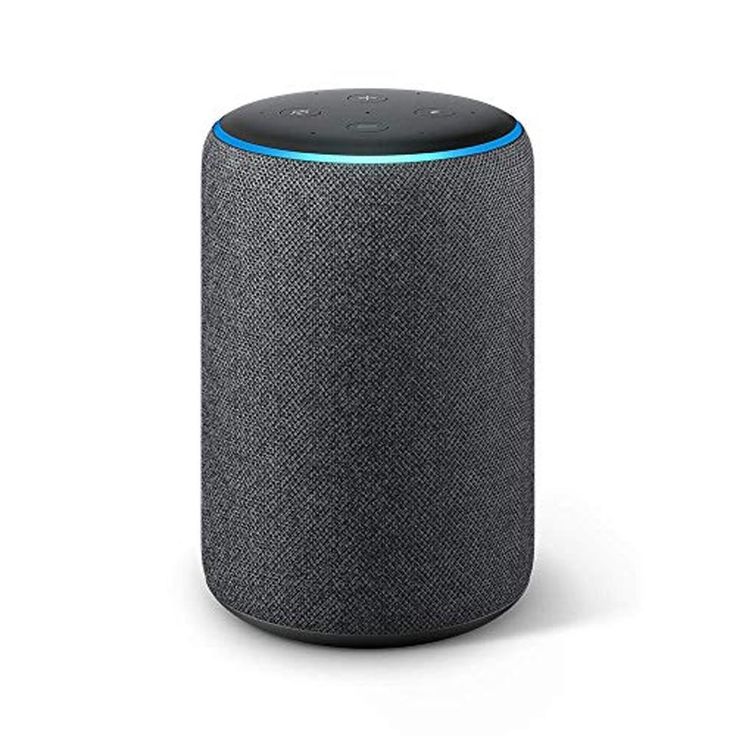 the amazon echo speaker is shown on a white background with blue trimmings and a black