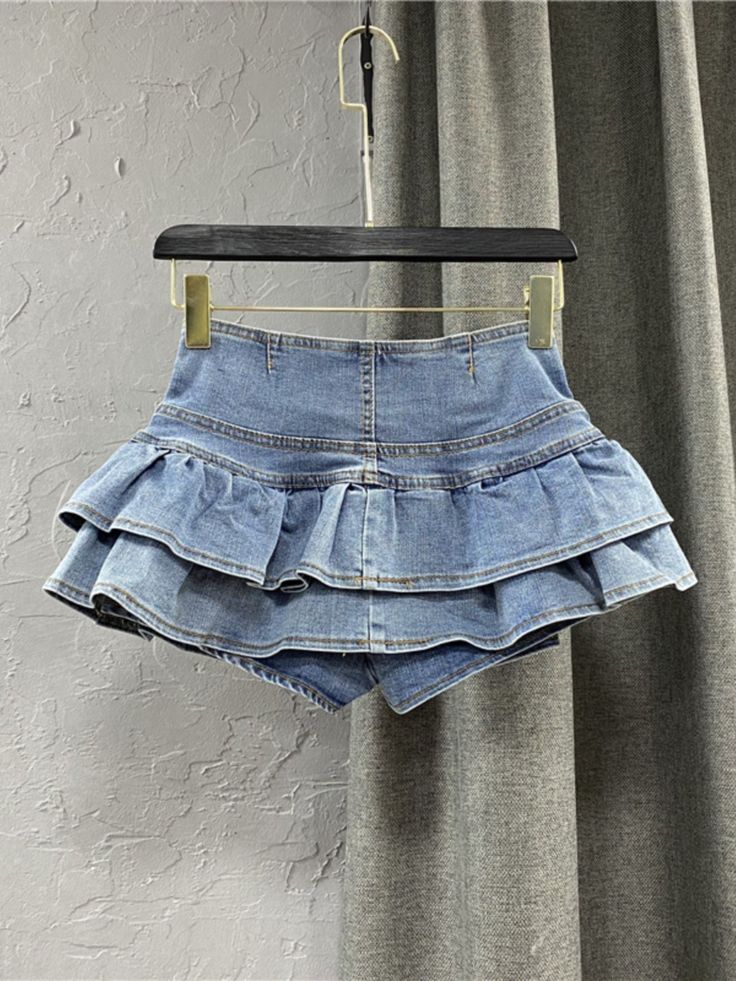 Blue Denim Ruffled Skort | Handong - Dreamcatcher Blue XL Chic Denim Blue Skort For Summer, Chic Medium Wash Skort For Summer, Summer Chic Medium Wash Skort, Chic Medium Wash Summer Skort, High Waisted Denim Blue Skort For Summer, High-waisted Denim Blue Skort For Summer, High Waist Denim Blue Skort For Summer, Denim Blue Ruffled Mini Skirt, Denim Blue Ruffled Skirt For Summer