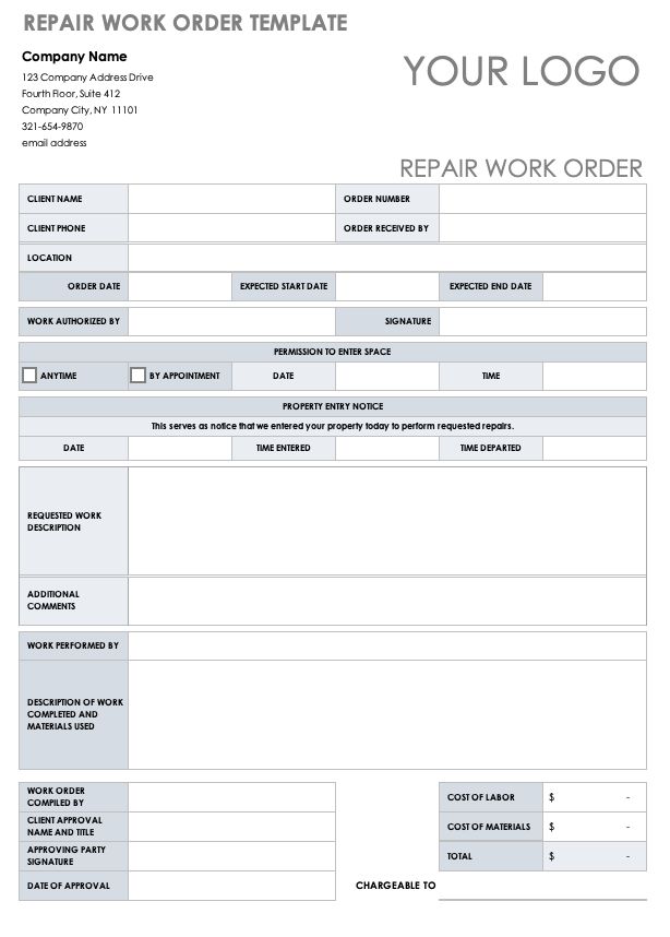 the repair work order form is shown