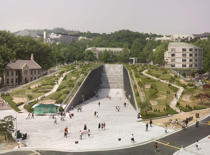 an aerial view of people walking around the park