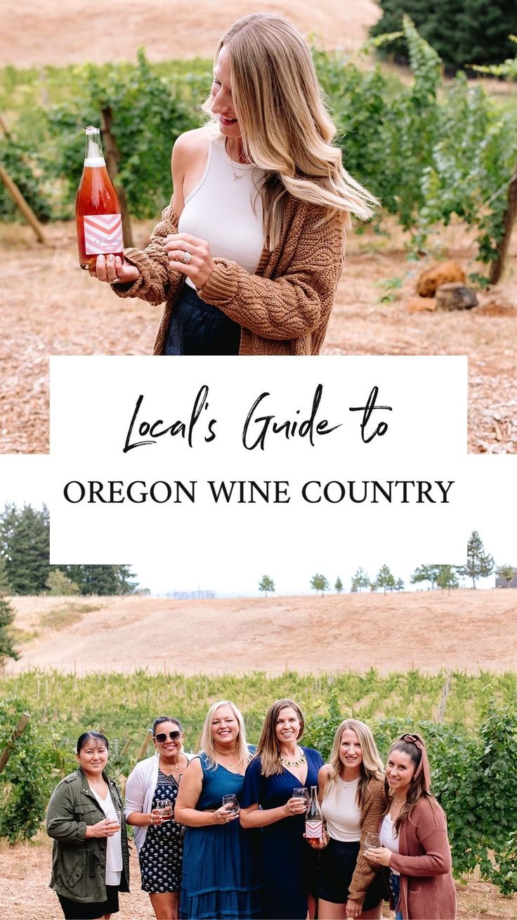 the local guide to oregon's wine country is featured in this postcard with an image of several women holding bottles