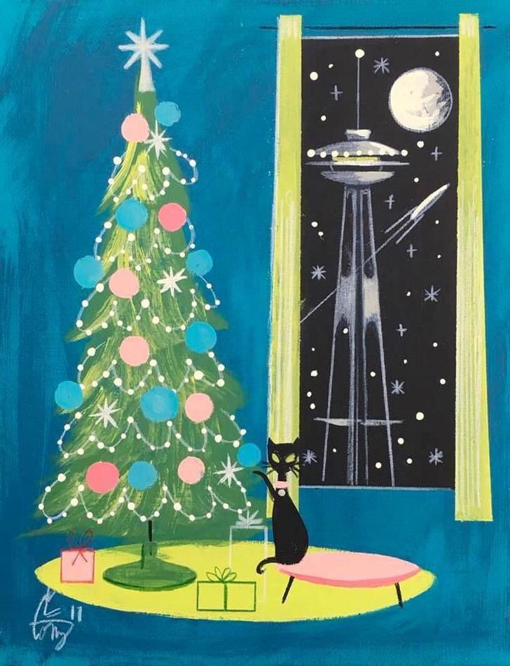 a painting of a cat sitting next to a christmas tree in front of a window