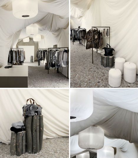 there are several pictures of the inside of a tent with clothes and bags in it