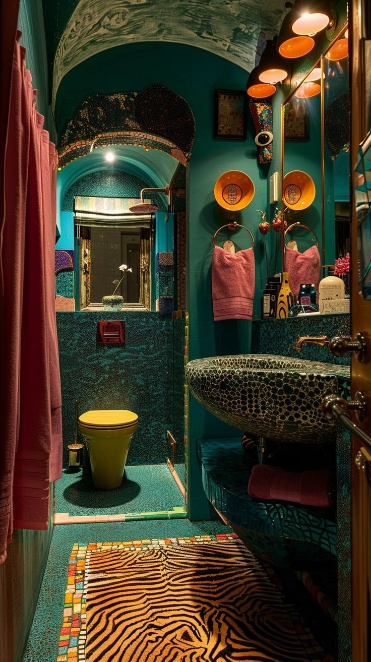 a bathroom with zebra print rugs and green walls, along with a yellow toilet