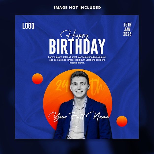 a blue birthday card with an image of a man in a suit and orange circles