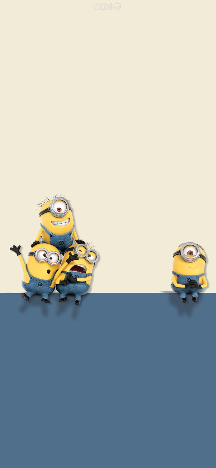 three minions sitting on top of each other in front of a white wall with blue background