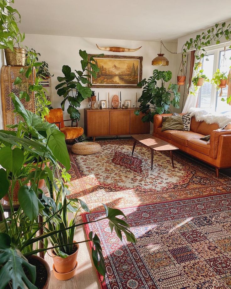 a living room filled with furniture and lots of plants on top of rugs in front of windows