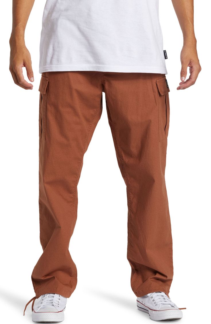 Cargo pockets amp up the versatility of these comfy everyday-staple pants crafted from durable organic cotton with a touch of stretch. Elastic waist Cargo flap-patch pockets 98% organic cotton, 2% elastane Machine wash, tumble dry Imported Outdoor Cotton Cargo Pants With Hip Pockets, Cotton Cargo Bottoms For Outdoor, Cotton Bottoms With Multiple Pockets And Tapered Leg, Brown Straight Leg Cargo Pants With Elastic Waistband, Brown Cotton Pants With Multiple Pockets, Cotton Parachute Pants With Hip Pockets For Outdoor, Brown Outdoor Bottoms With Patch Pockets, Brown Bottoms With Patch Pockets, Brown Tapered Leg Cargo Pants With Elastic Waistband