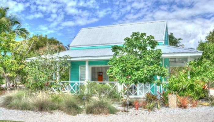 a blue house surrounded by greenery and palm trees on a sunny day with clouds in the sky