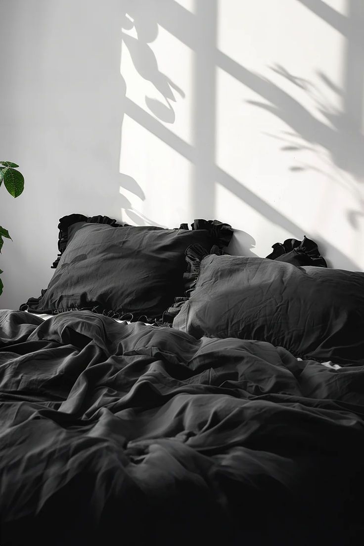 Black ruffled linen pillowcase Black Ruffle Bedding, Black Bedsheet, Black And White Comforter, Ruffle Comforter, Black Comforter, Black Duvet, European Pillows, Black Duvet Cover, Ruffle Linen