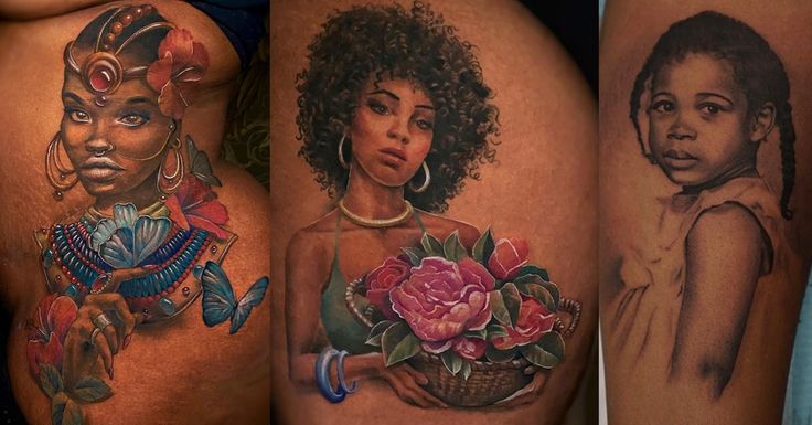 three different pictures of women with tattoos on their bodies