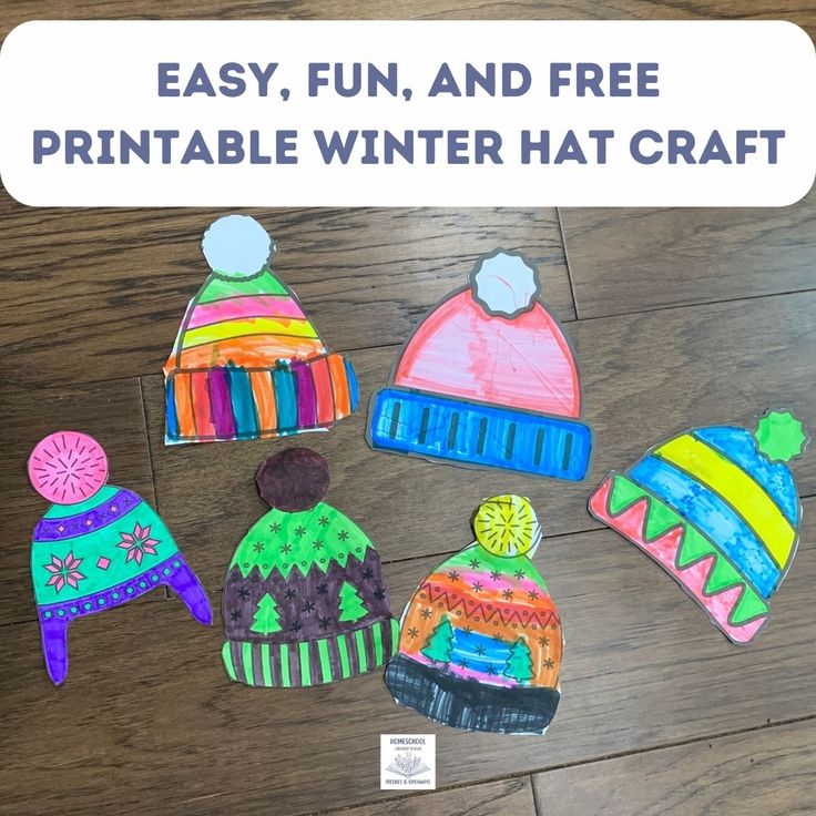 four knitted hats with the words easy, fun and free printable winter hat craft