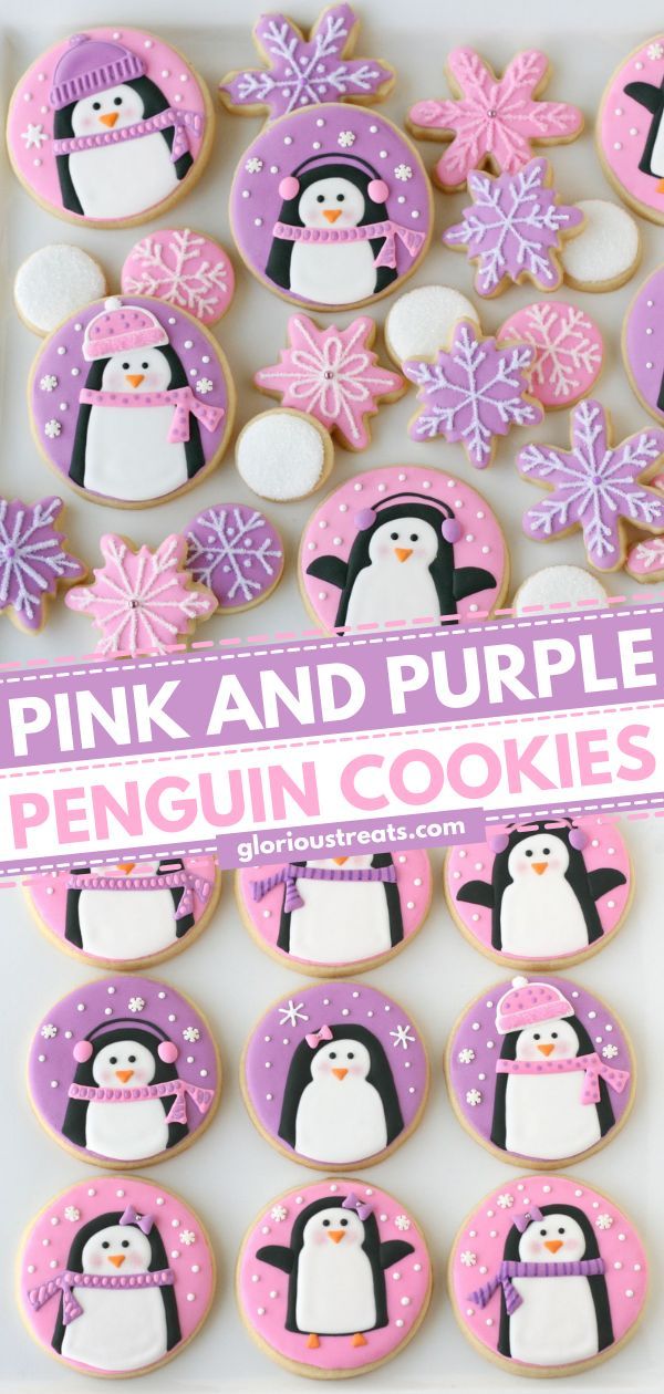 Pink and Purple Penguin Cookies, christmas cookies, holiday baking list, gift ideas Cookies As A Gift, Purple Penguin, Penguin Cookies, Christmas Sugar Cookies Decorated, Traditional Christmas Cookies, Send To Friends, Perfect Sugar Cookies, Cute Christmas Cookies, 1st Birthday Party For Girls