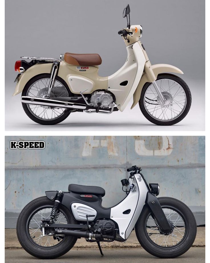 two different motorcycles side by side, one is white and the other is beige with brown accents