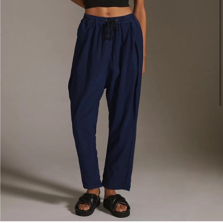 Comfy Versatile Harem Pants By Pilcro From Anthropologie. Nwt. Size Small But Meant To Fit Oversized. Relaxed Drawstring Bottoms, Navy Loungewear Pants, Casual Indigo Relaxed Fit Bottoms, Casual Relaxed Fit Indigo Bottoms, Relaxed Baggy Drawstring Bottoms, Relaxed Baggy Bottoms With Drawstring, Indigo Trousers For Summer, Casual Navy Ankle-length Pants, Navy Casual Ankle-length Pants