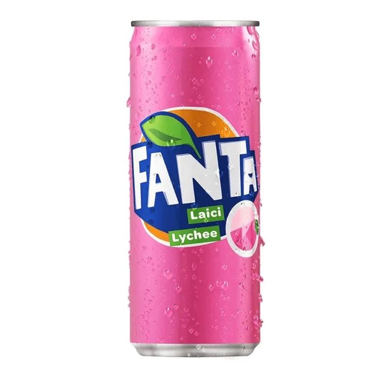 a can of fanta peach soda with water droplets on the top and bottom half