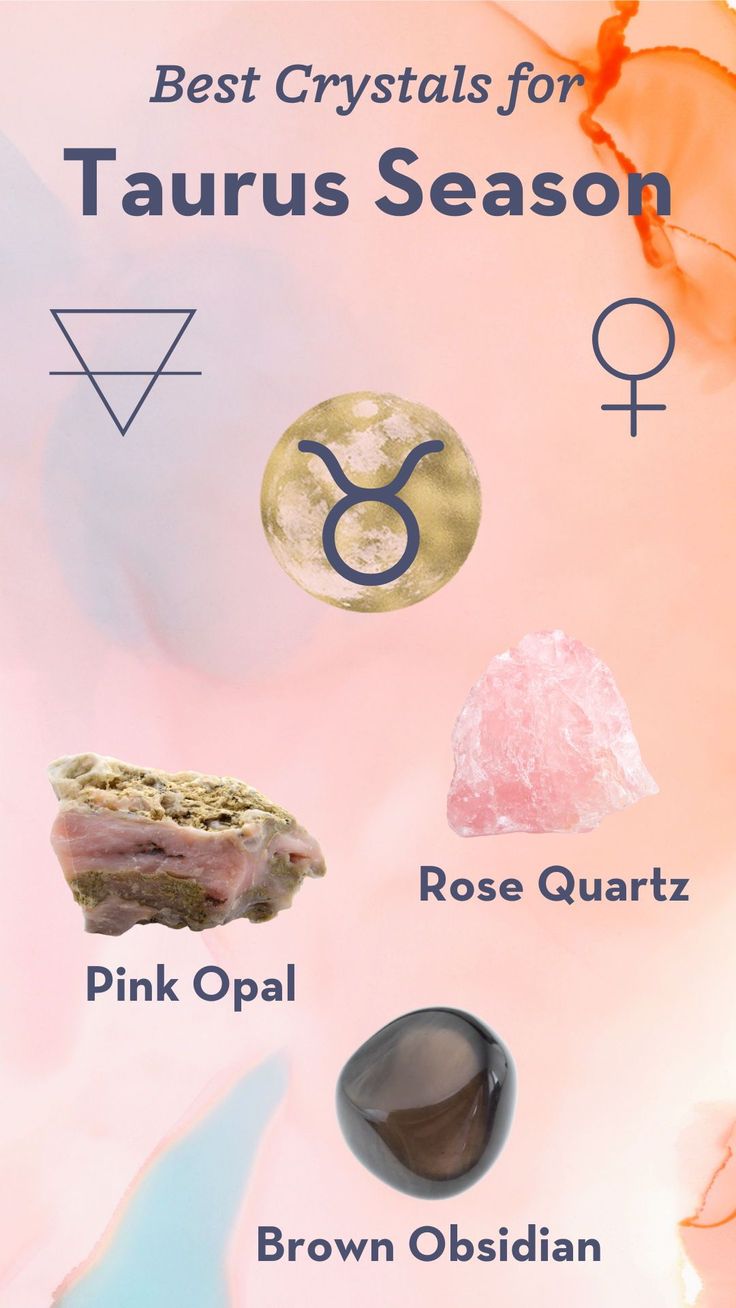 the zodiac signs and their meanings are shown in this graphic above them is an image of taurus, pink opal, rose quartz, brown orbian