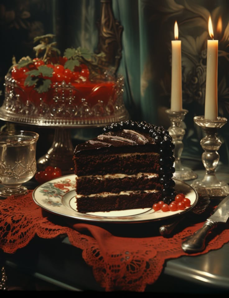 a slice of chocolate cake on a plate with two candles in front of the cake