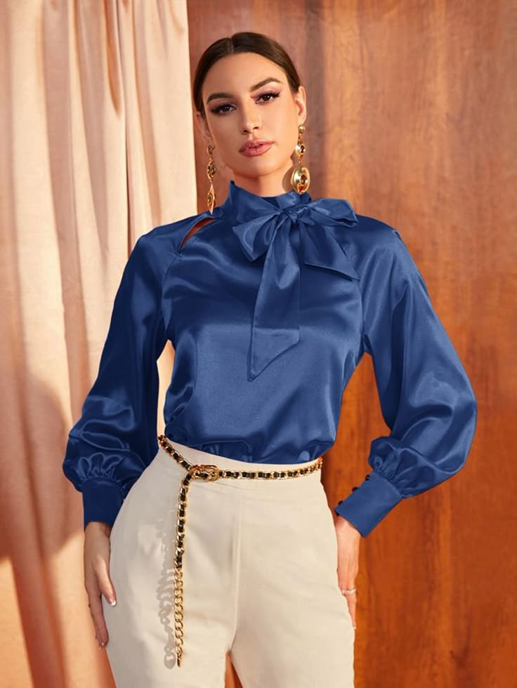 Satin Shirts For Women Outfit, Satin Tops Blouses Classy, Satin Top Outfit Classy, Satin Shirts, Satin Bluse, Women Tie, Tie Collar, Satin Long Sleeve, Top Shein