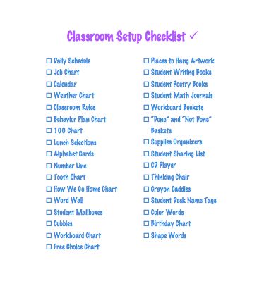 the classroom setup checklist is shown in blue and pink, with purple writing on it