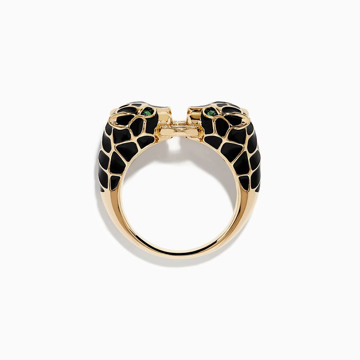 Signature 14K Yellow Gold Emerald and Diamond Black Enamel Panther Ring Fine Jewelry Black Enamel Diamond Ring, Elegant Black Enamel Ring In 14k Gold, Elegant Black Enamel 14k Gold Ring, Elegant 14k Gold Ring With Black Enamel, Elegant 14k Gold Black Enamel Ring, Black Enamel Ring In Fine Jewelry Style, Fine Jewelry Black Enamel Round Ring, Black Enamel Round Jewelry, Fine Jewelry Black Enamel Ring