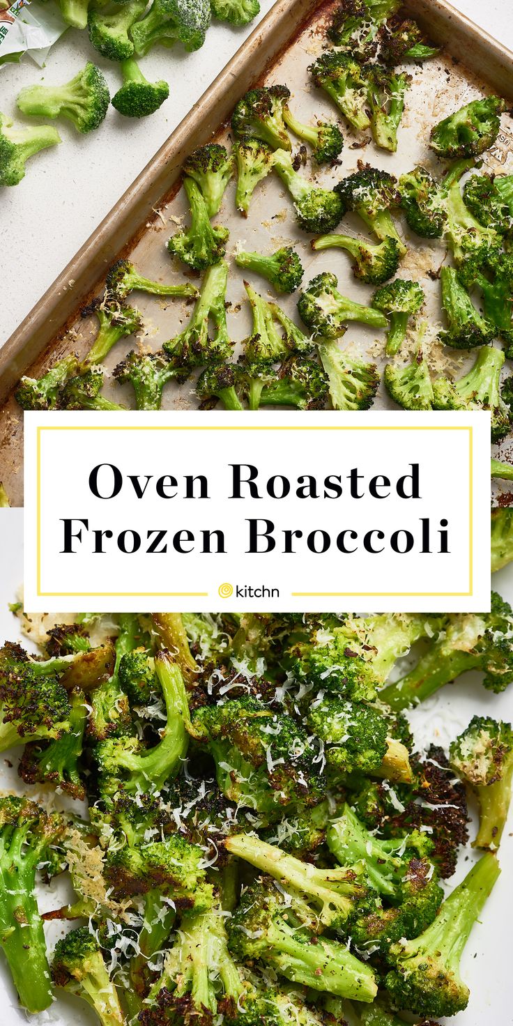 broccoli florets on a baking sheet with the title overlay reads oven roasted frozen broccoli