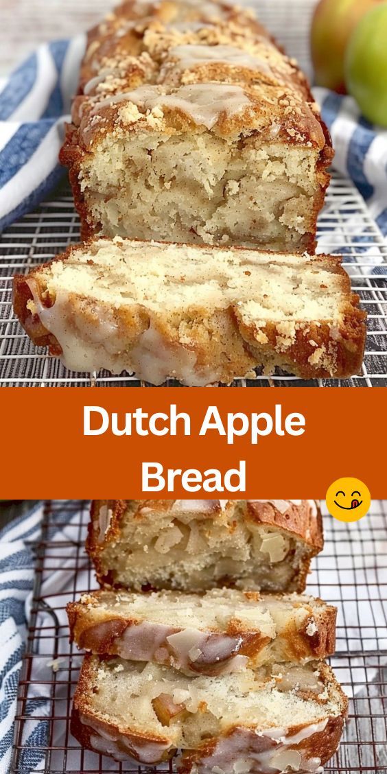 the bread is sliced and ready to be eaten with apples in the background, along with an orange text overlay that reads dutch apple bread