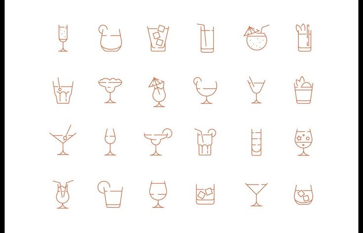 an orange line drawing of different types of cocktails and drinks on a white background