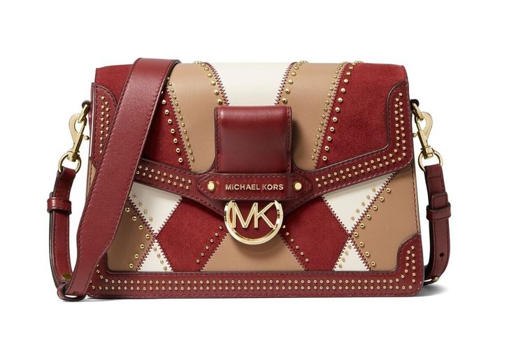 MICHAEL Michael Kors Jessie Leather Large Flap Shoulder Bag   NEW with tags MSRP: $378.00 Style # 30F9GI6L7L 100% AUTHENTIC Color: Brandy Multi The color-blocked look of the Jessie Large Flap Shoulder Bag from  Michael Kors is accented by lines of gold-tone studs Leather Snap closure Exterior: 1 back slip pocket Interior: 1 back slip pocket, 1 back zip pocket, 2 front slip pockets Adjustable crossbody strap with approximately 23 in drop 10.5 in W x 7 in H x 3.5 in D Comes from a pet-free and smo Designer Handbag Brands, Mk Purse, Michael Kors Shoulder Bag, Red Handbag, Woman Bags Handbags, Branded Handbags, Purses Michael Kors, Style Accessories, Handbags Michael Kors