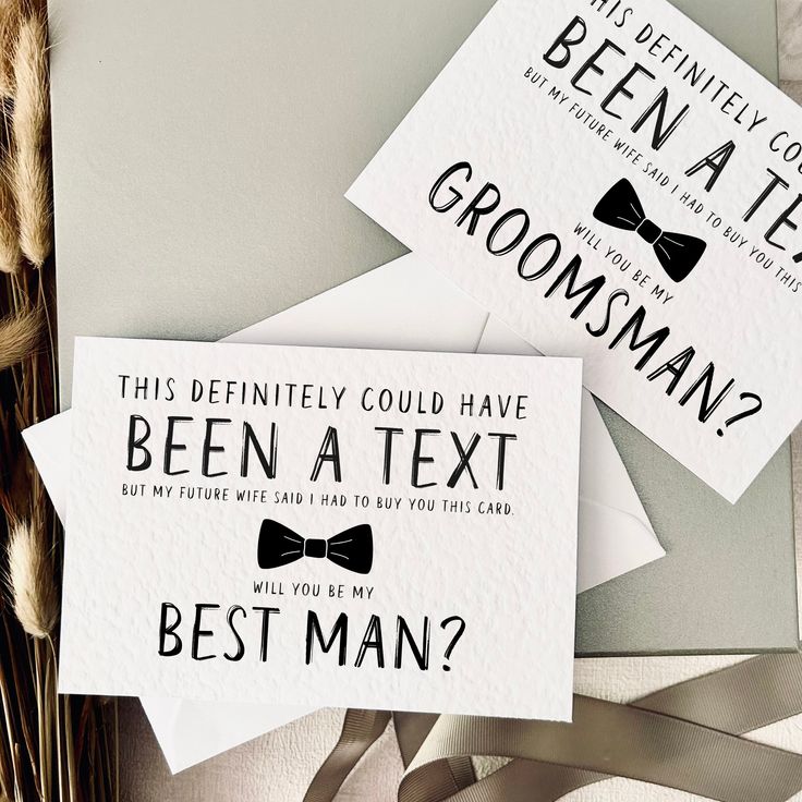 three wedding cards with the words best man and grooms written in black on them