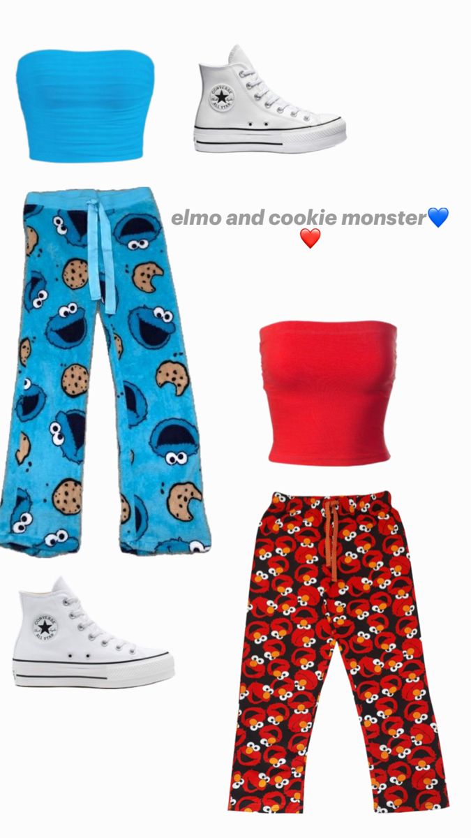 an assortment of clothing and shoes with the sesame character on them, as well as a top